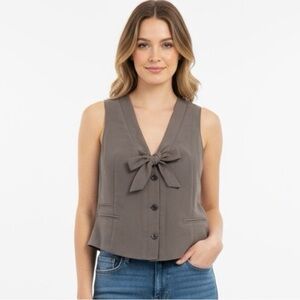 Gap Vest Sleeveless Top Button Down Front & Back Tie Taupe Brown L